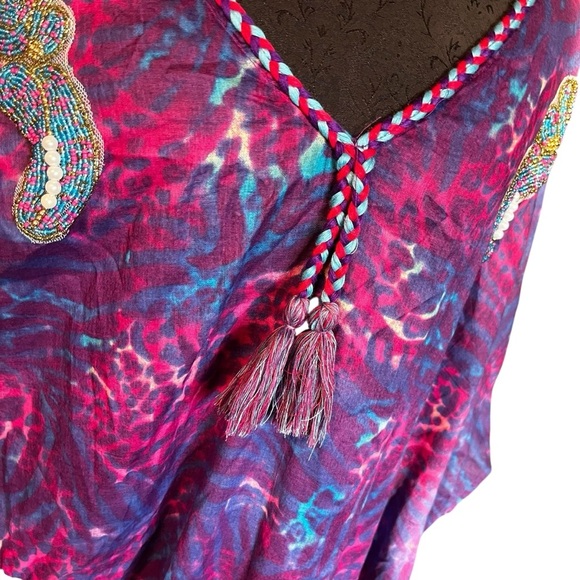 Karakorum Purple Pink Cotton Beaded Tassel Kaftan Caftan One Size XL - Picture 2 of 8